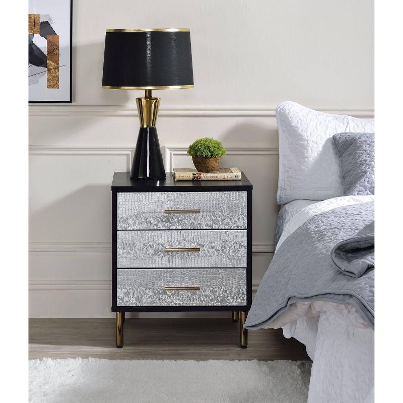 Black, Silver, and Gold 3-Drawer Faux Crocodile Nightstand