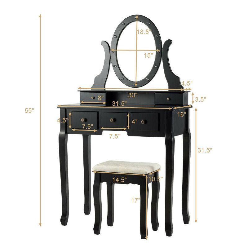 Tangkula Lighted Vanity Mirror Set Makeup Dressing Table w/ 5 Drawers Mirror & 12 LED Bulbs Black