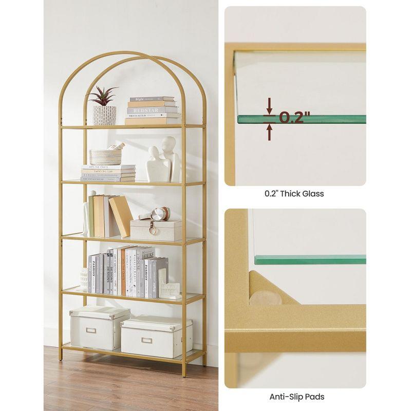 VASAGLE 5-Tier Bookshelf, 32.7 x 72.2inch, Display Storage Shelf, Tempered Glass Shelving Unit with Metal Frame, for Bedroom, Living Room, Gold