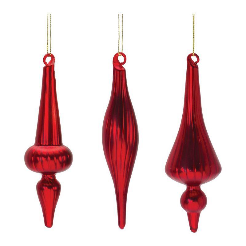 Red Ribbed Glass Finial Christmas Ornaments Set of 12