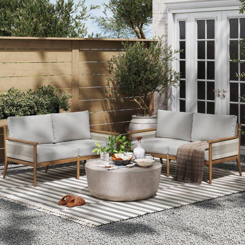 Kayden Light Brown Acacia Wood Outdoor Loveseat with Gray Cushions