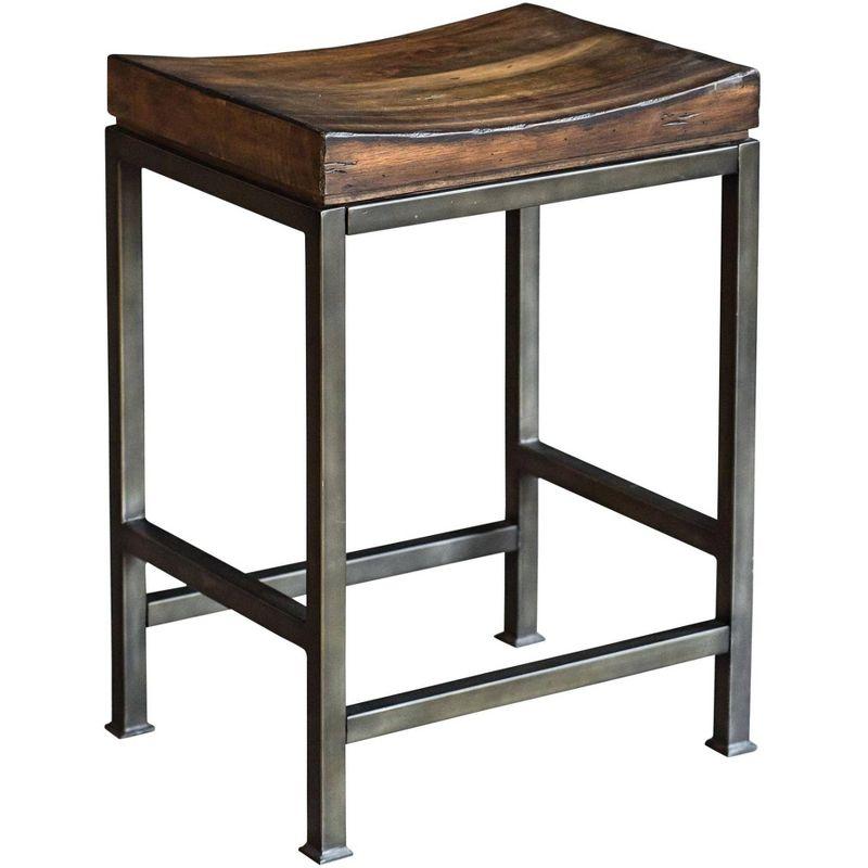 24" Brown Walnut and Steel Backless Counter Stool