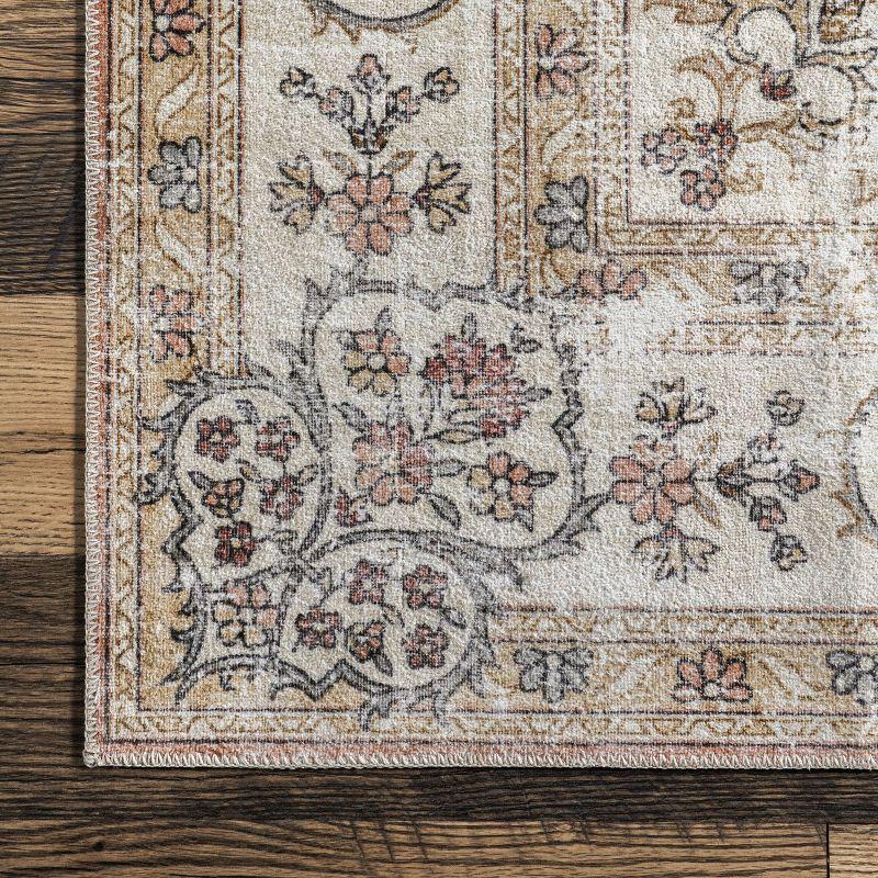 Ivory Floral Synthetic Washable Rectangular Area Rug