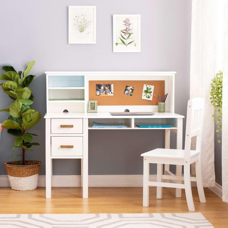 Guidecraft Taiga Kids Desk and Chair Set with Hutch - White: Kids Wood Desk with Drawers, Storage Shelf, and Corkboard | Study Table for Kids Bedroom