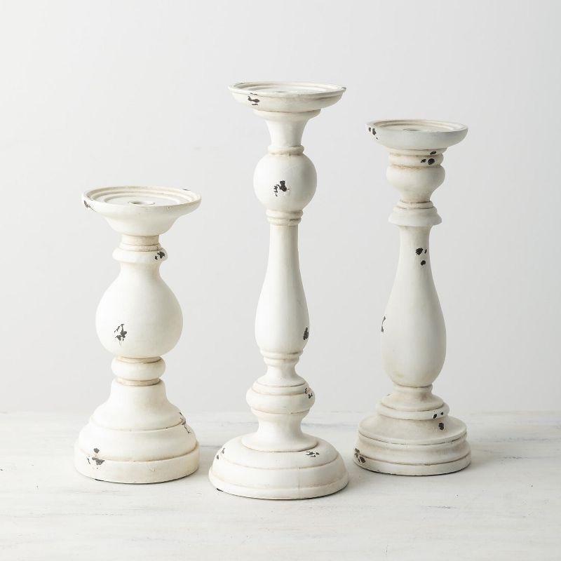 White Distressed Wood Pillar Candle Holders Set of 3