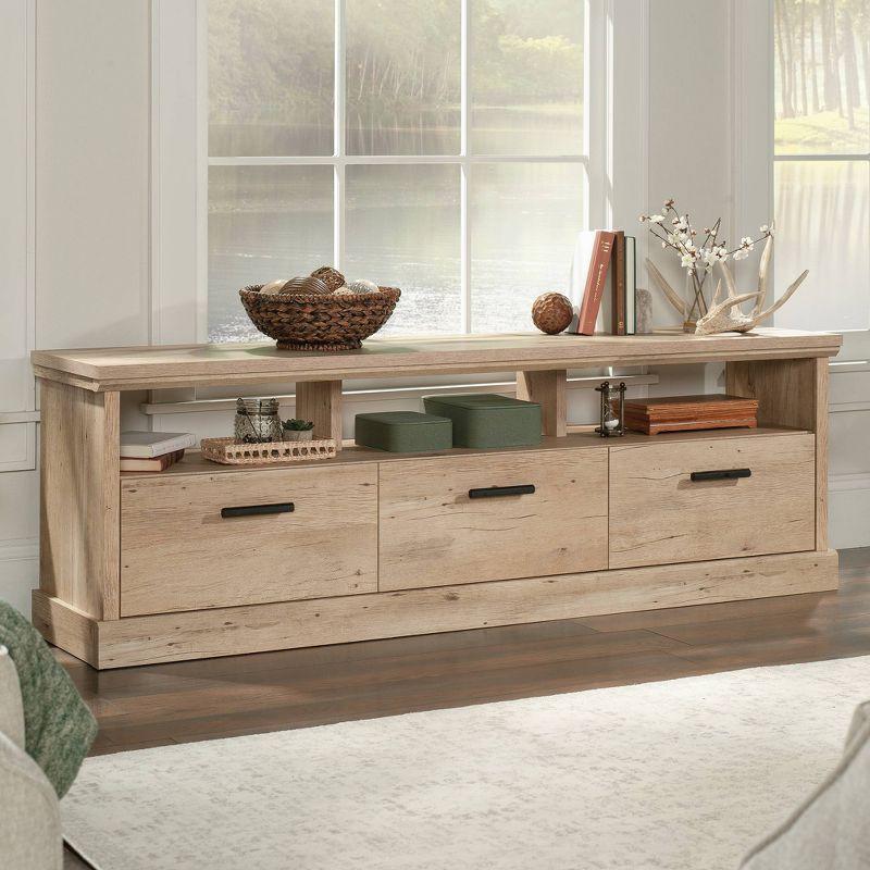 Sauder Aspen Post Entertainment Center: Holds 70" TV, 3 Drawers, 3 Cubbies, Farmhouse Style