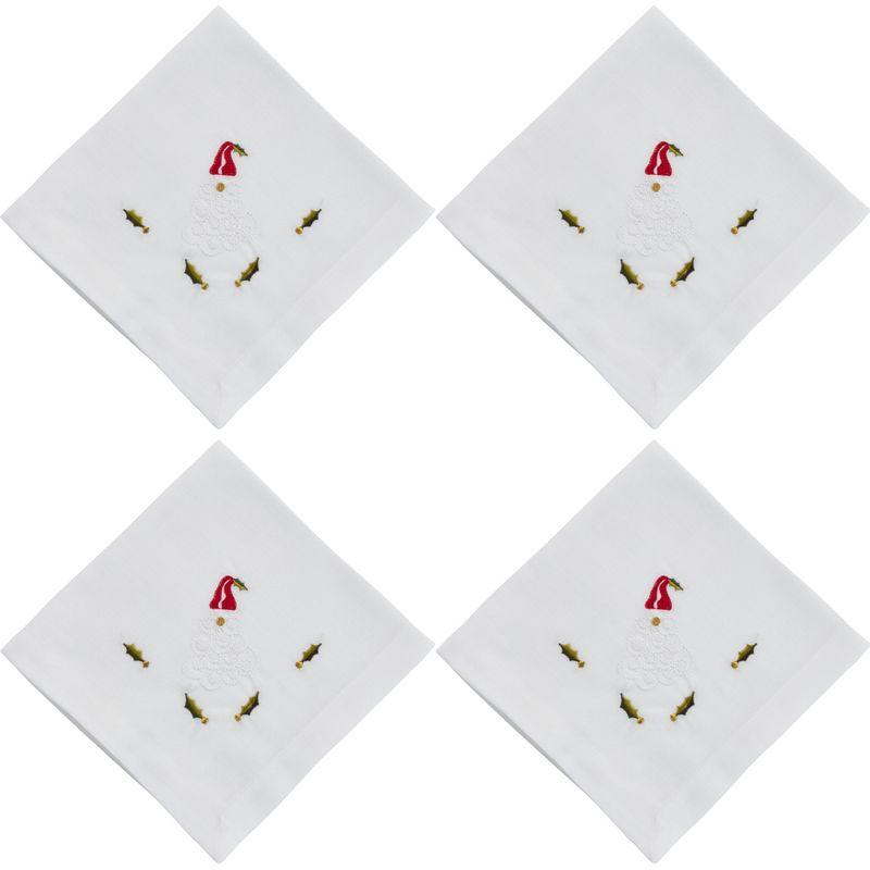 White Cotton Table Napkins with Embroidered Santa Design, Set of 4