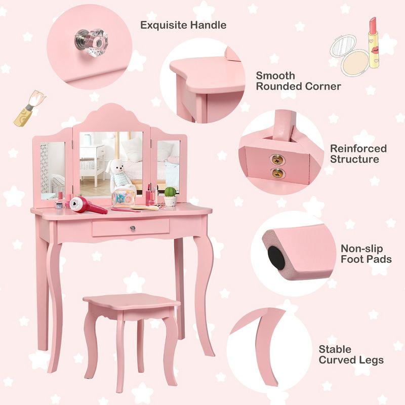 Infans Kids Vanity Table & Stool Princess Dressing Make Up Play Set for Girls Pink