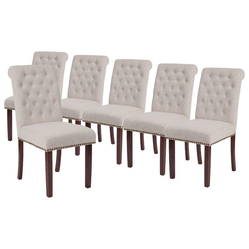 Flash Furniture Set of 6 HERCULES Series Beige Fabric Parsons Chairs with Rolled Back, Accent Nail Trim and Walnut Finish