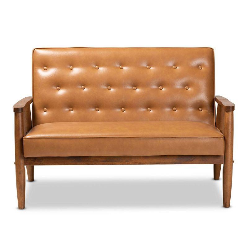 Tan Faux Leather Walnut Brown Wood Loveseat