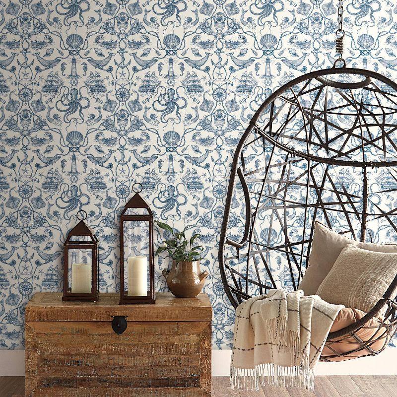 RoomMates Deep Sea Toile Blue Peel and Stick Wallpaper: Nautical Vinyl, Mermaid & Seahorses, Self-Adhesive, 28.18 Sq Ft Coverage