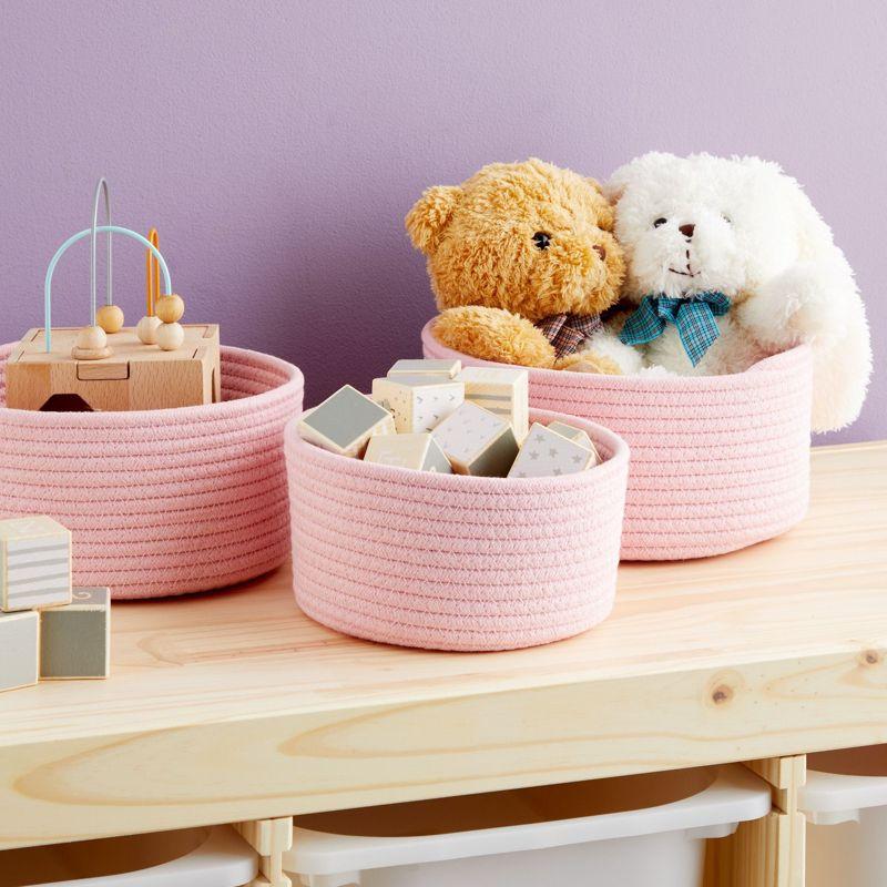 Farmlyn Creek 3-Pack Cotton Woven Baskets for Storage, Pink Rope Montessori Organizer Set for Storing Supplies ( 3 Sizes in Small, Medium and Large)