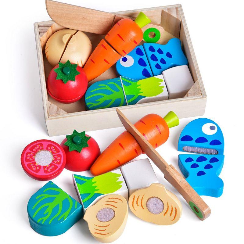 Fun Little Toys Wooden Vegetable Chopper Set – Pretend Play Food Cutting Toy for Kids, Montessori Kitchen Playset