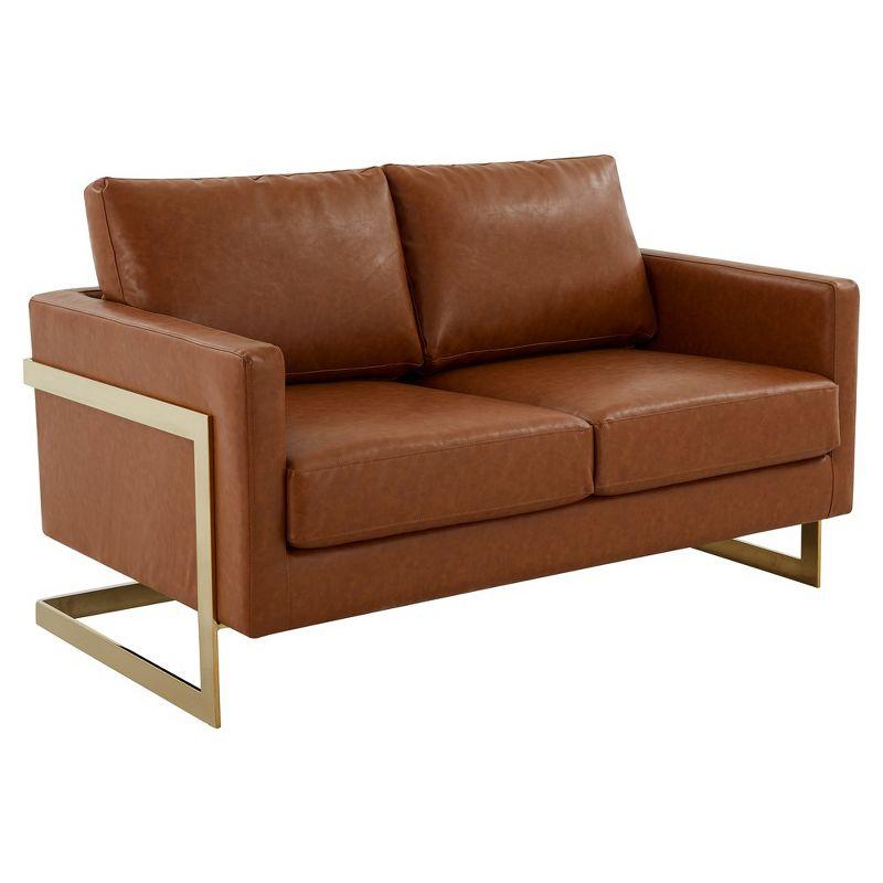 LeisureMod Lincoln Mid-Century Modern Upholstered Faux Leather Loveseat with Gold Frame