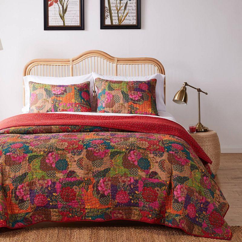 Greenland Home Fashions 3pc King Jewel Quilt Bedding Set Red/Pink/Green: Cotton Microfiber, Machine Washable