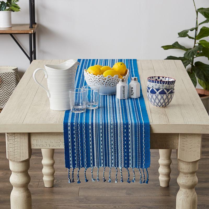 Design Imports  Tonal Stripe Fringed Table Runner, Blue, 14X72"