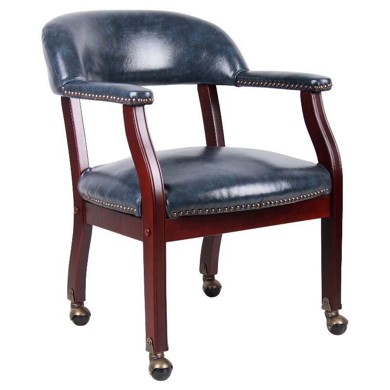 Mahogany Wood Base Blue Vinyl Swivel Reception Chair with Casters