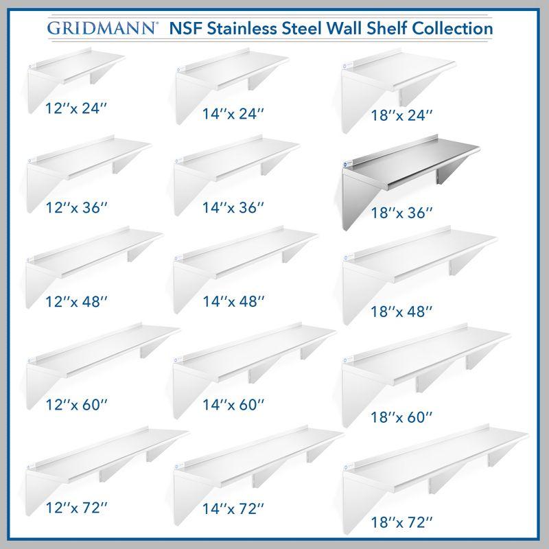 GRIDMANN 18" Deep Stainless Steel Kitchen Wall Mount Shelves with Backsplash - NSF Certified