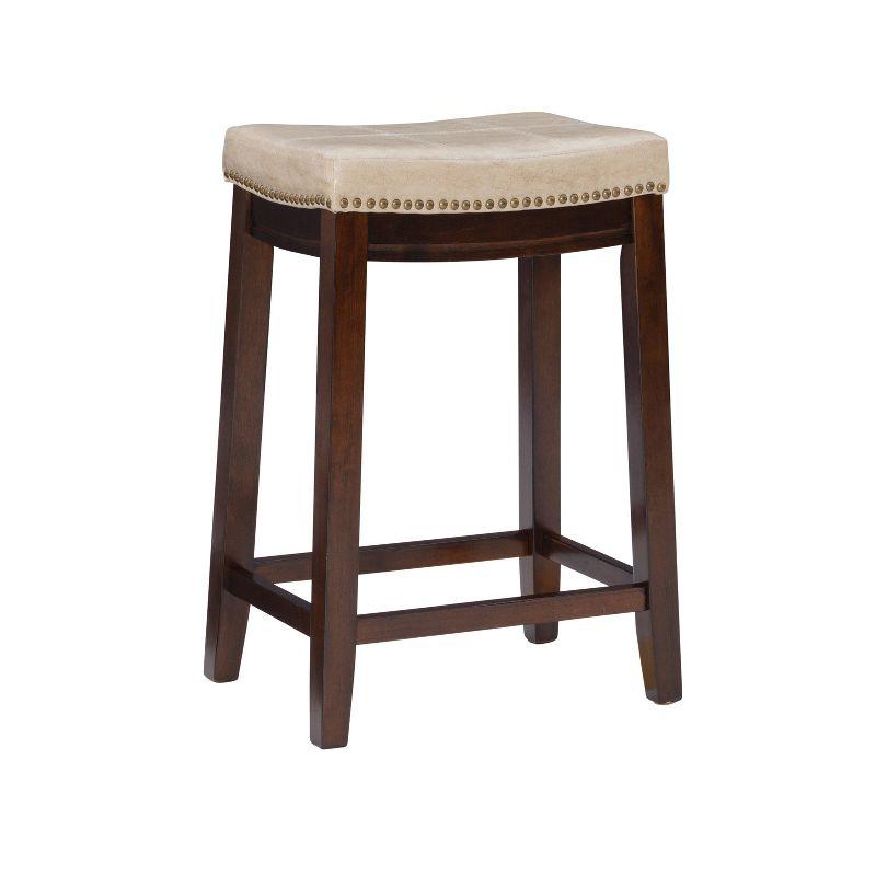 Beige Faux Leather Saddle Counter Stool with Wood Frame