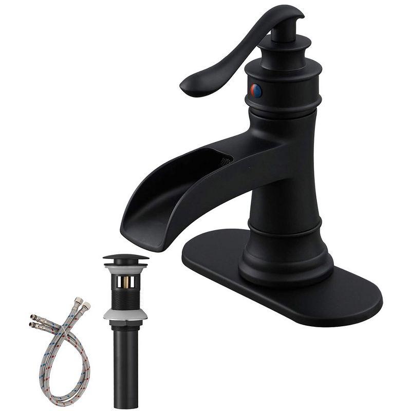 Matte Black Single-Handle Waterfall Bathroom Faucet with Drain Assembly