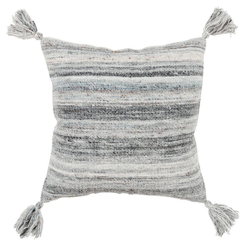 20" Charcoal and Beige Striped Polyester Tassel Pillow Cover