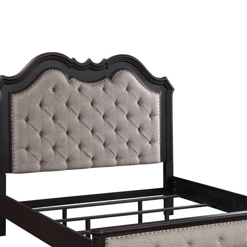 66.5" Queen Bed Chelmsford Bed Beige Fabric Antique Black Finish - Acme Furniture: Linen Upholstery, Wood Frame, Tufted Design