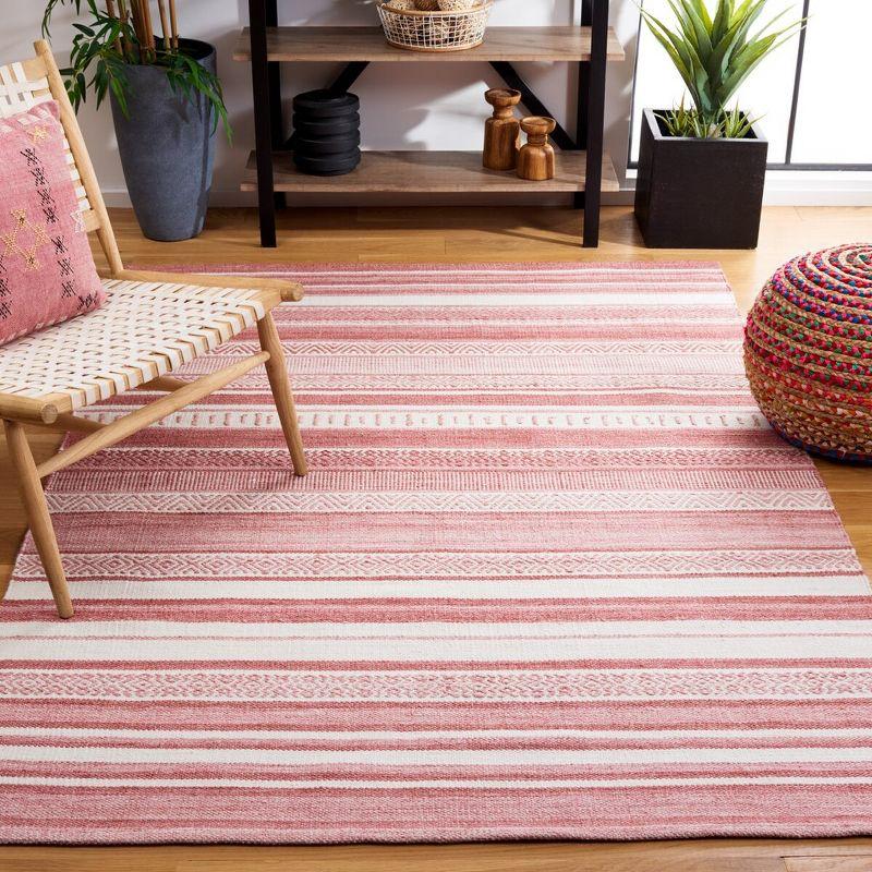 Ivory and Pink Striped Handwoven Wool Area Rug