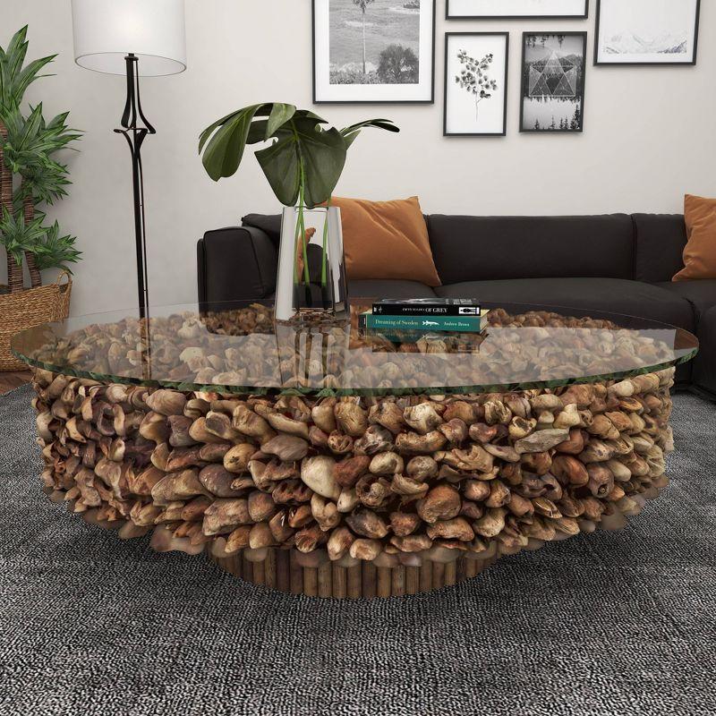 Handcrafted Driftwood Round Coffee Table with Glass Top, 48" Brown