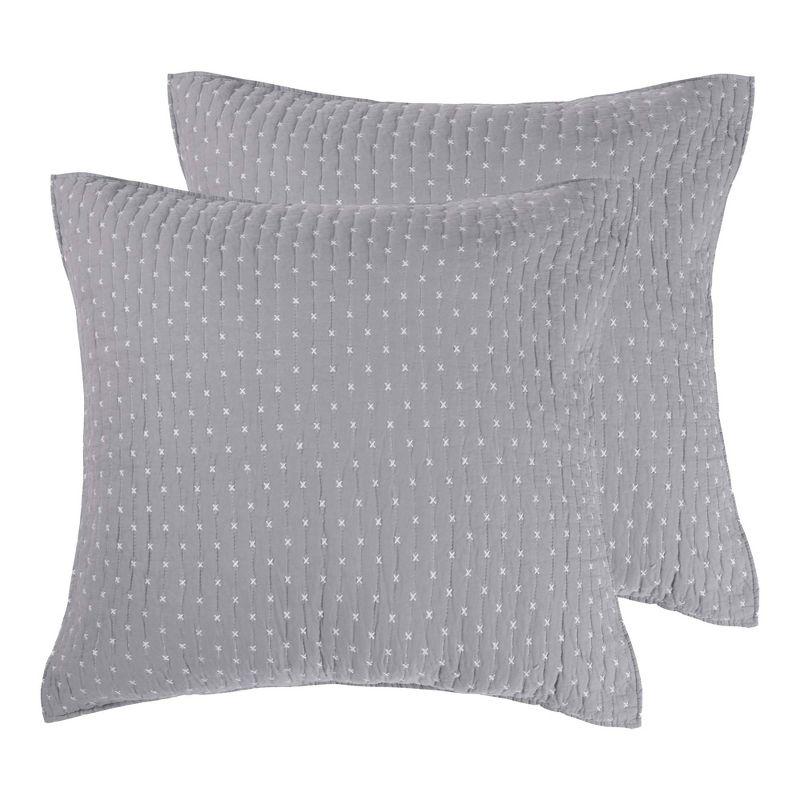 Grey Cotton Euro Shams with White Stitching, Set of 2