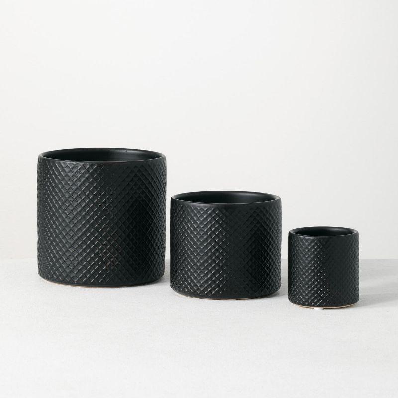 Sleek Modern Black Ceramic Pot Trio, 3"-5.75"H Patterned Exterior