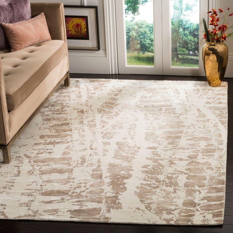 Ivory and Beige Hand-Knotted Wool and Viscose Area Rug, 6' x 9'