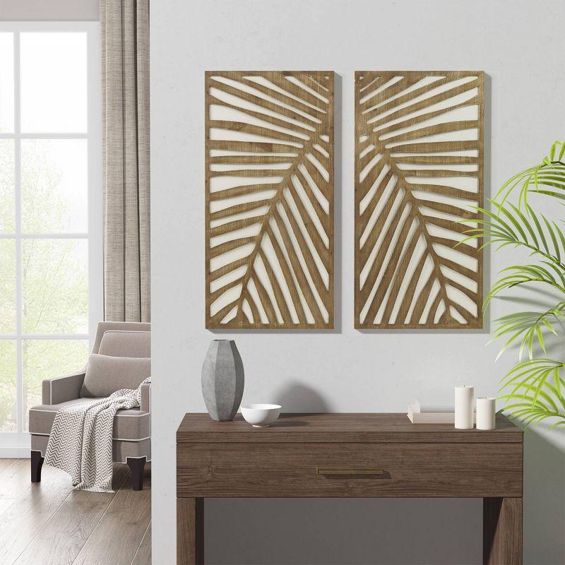 2pc Birch Palms Carved Wall Panel Set Dark Brown - Madison Park: MDF Construction, Modern Botanical Decor