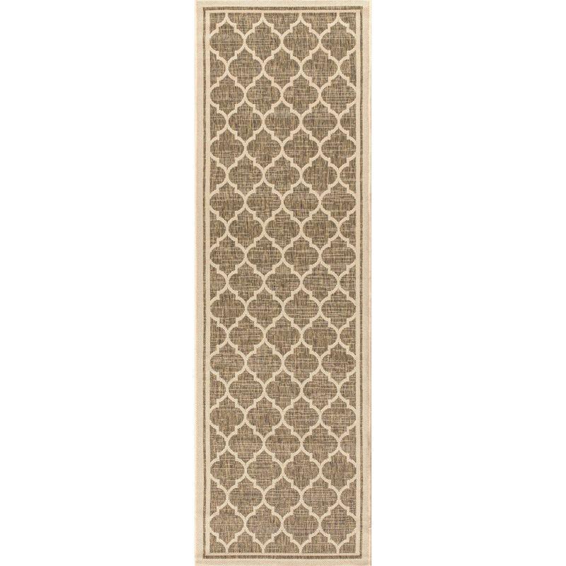 2' x 10' Trebol Moroccan Trellis Textured Weave Indoor/Outdoor Runner Rug, Brown/Beige - JONATHAN Y