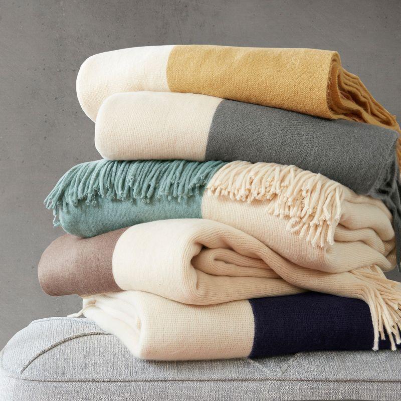 60"x50" Color Block Faux Cashmere Throw Blanket Aqua: Ink+Ivy, Luxury & Glam Style, Fringed Edges