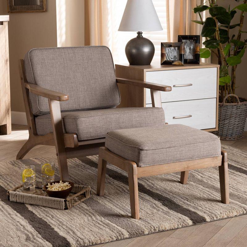 George Oliver Emsworth Mid-Century Modern 2-Piece Antique Oak Finished Armchair and Ottoman Set in Light Grey Fabric