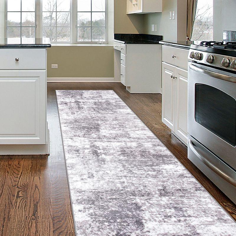 Gray Abstract Washable Synthetic Runner Rug