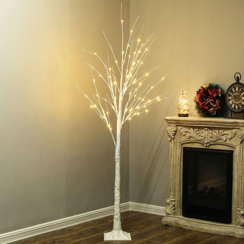 LuxenHome Lighted LED 5.9Ft White Birch Twig Tree Decoration, Artificial Birch Tree with Metal Base