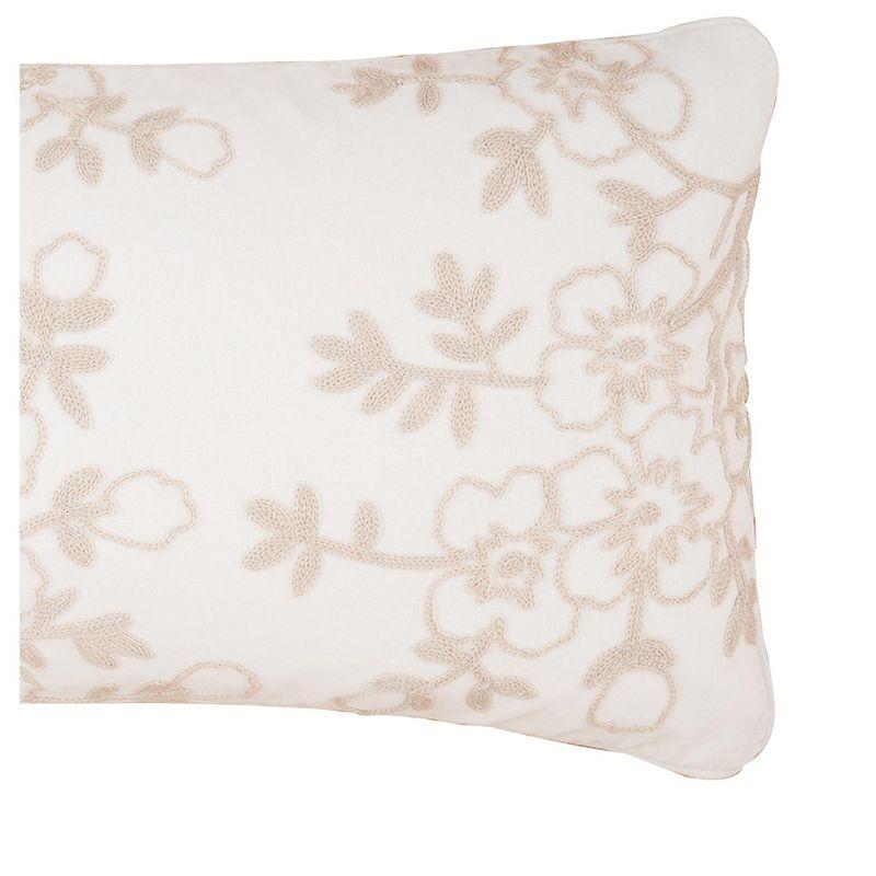 Ella 12" x 24" Beige Floral Embroidered Cotton Throw Pillow