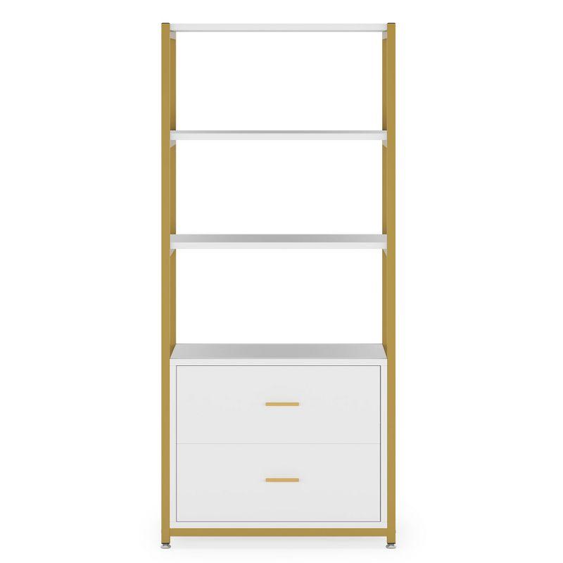 Tribesigns 4-Tier Bookshelf with 2 Drawers White/Gold