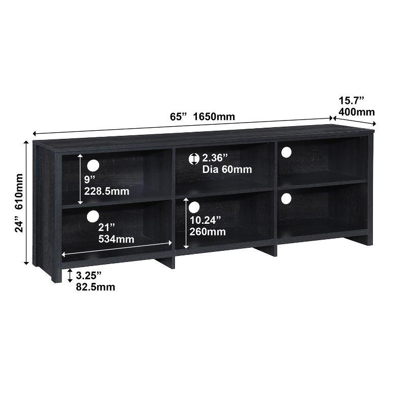 AndMakers 65 in. Modern Black Oak TV Stand For TVs Up To 62" With 6 Open Shelves, Modern Entertainment Center With Storage, TV Console Table