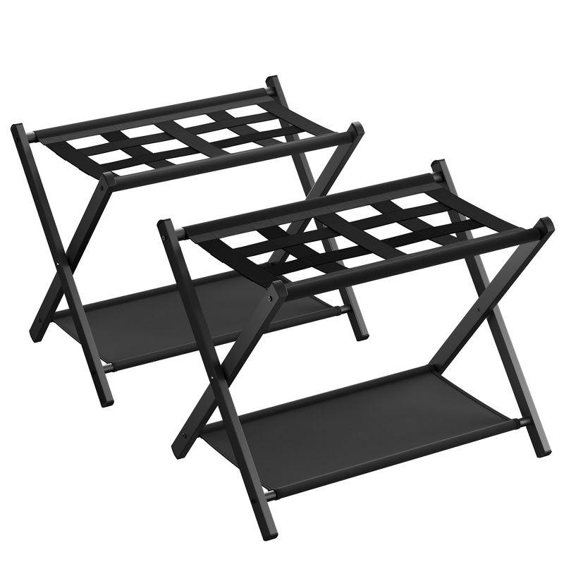 Black Steel Folding Luggage Rack with Storage Shelf