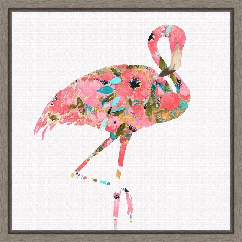 Summer Glow Pink Flamingo Floral Canvas Framed Wall Art 16x16