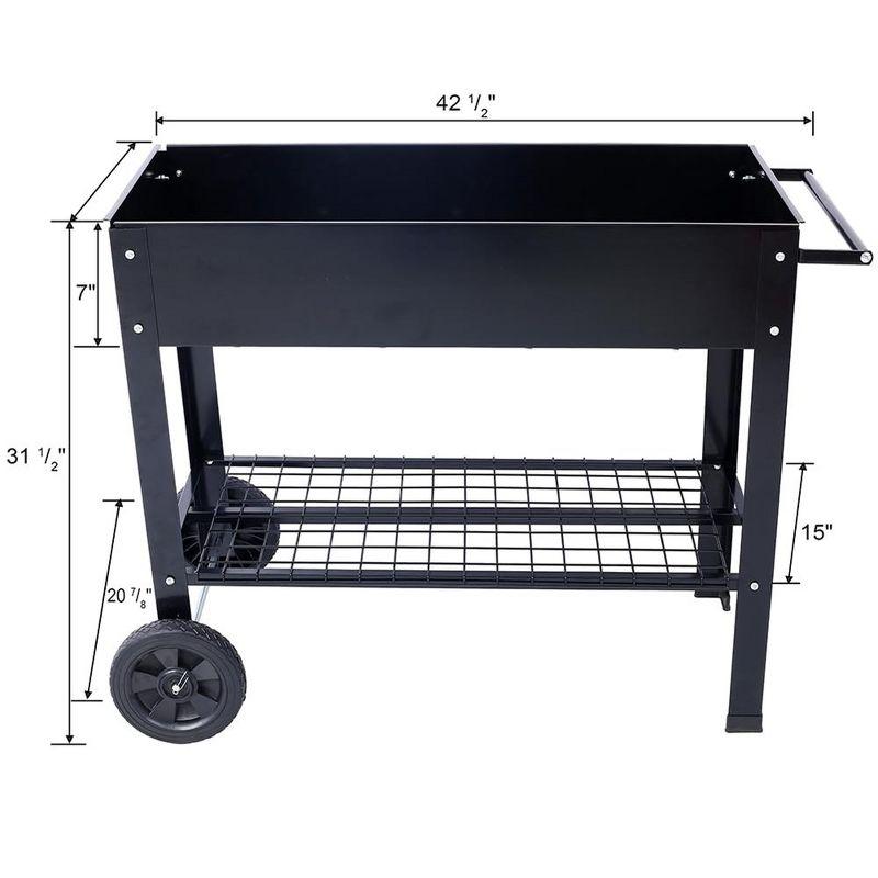 Black Steel Elevated Raised Garden Bed with Wheels and Storage Shelf