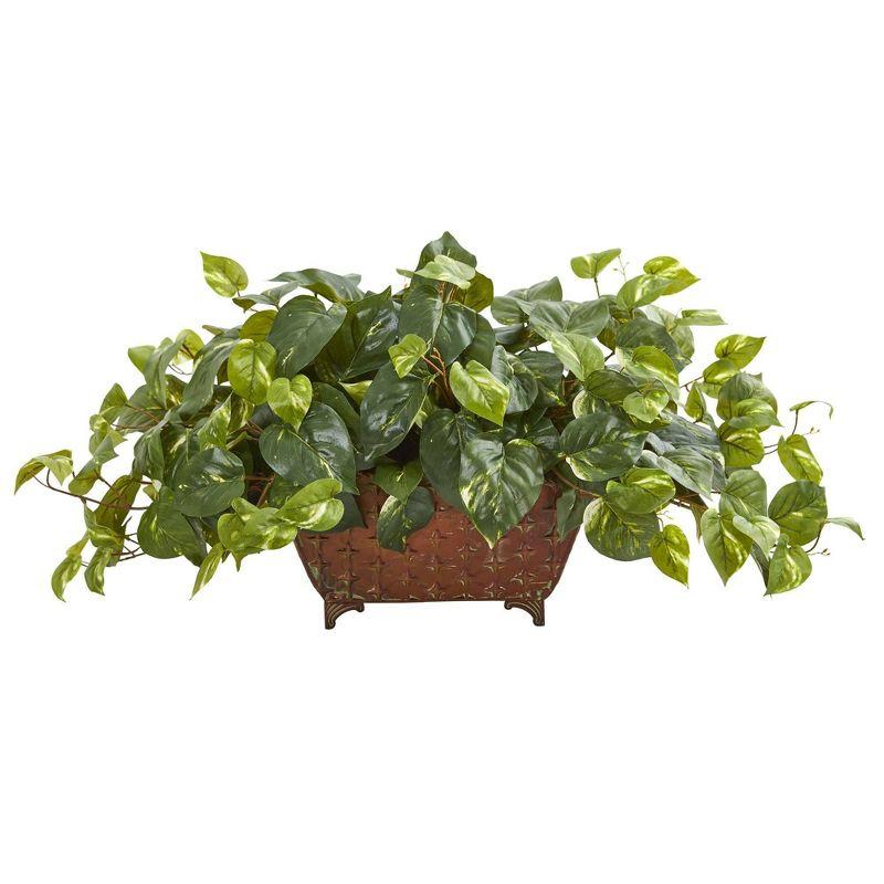 Lush Green Silk Pothos 18" Artificial Arrangement in Rustic Metal Planter