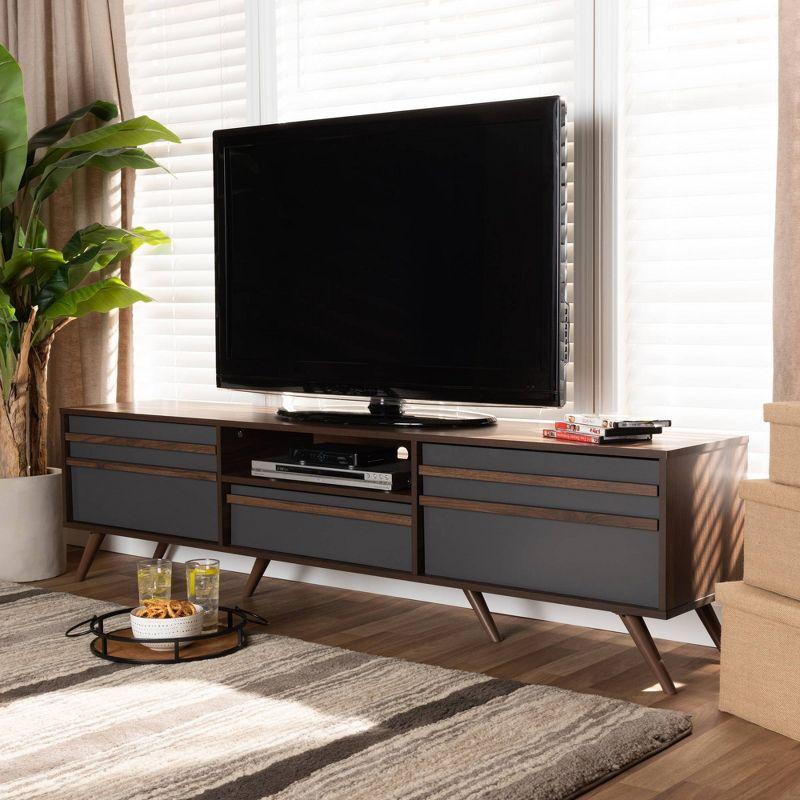 Naoki Wood TV Stand for TVs up to 75" Gray/Walnut - Baxton Studio: Modern Media Console with Storage & Cord Management