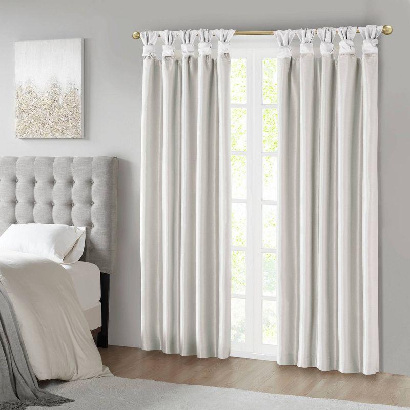 White Faux Silk Tab Top Blackout Curtain Panel