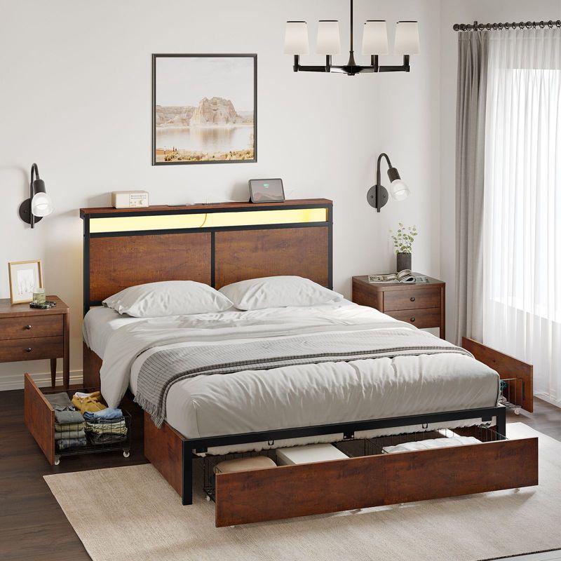 Hausource Modern Queen Bed Frame with LED Headboard, 4 Storage Drawers, No Box Spring Needed