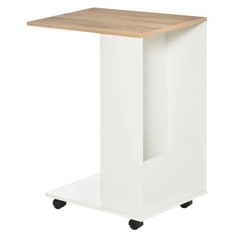 White Wood C-Shaped Mobile End Table with Storage