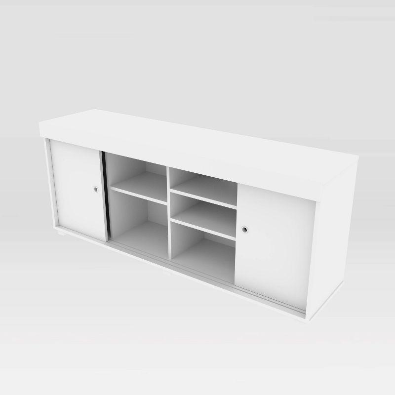 Modern White Particleboard TV Stand with Open Shelves and Cabinet