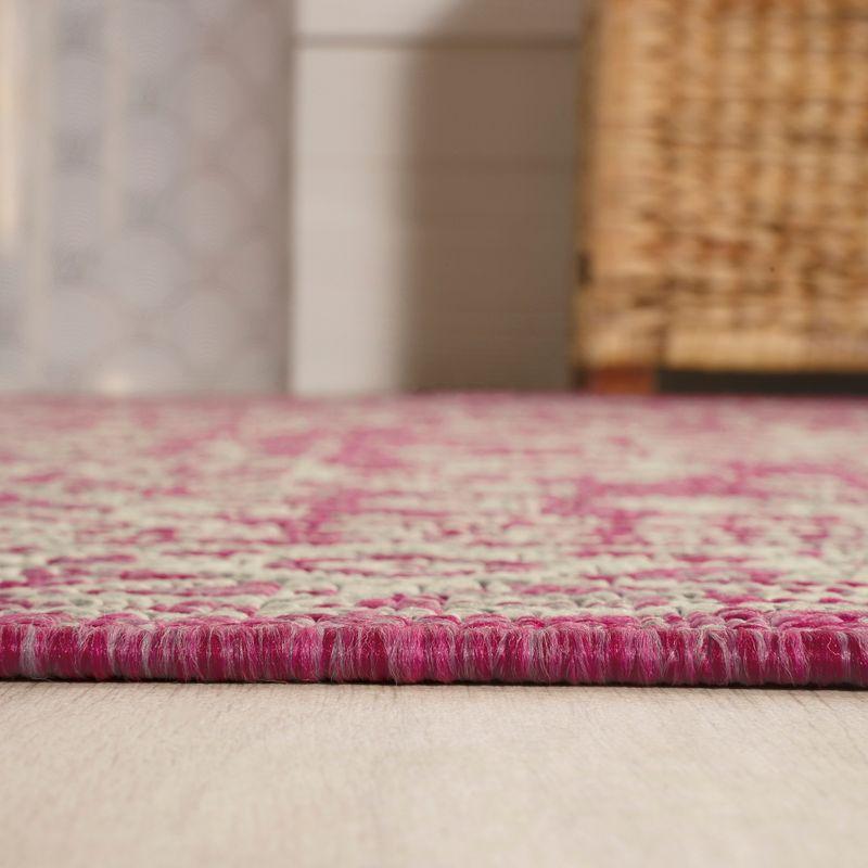 5' Round Sinjuri Medallion Textured Weave Indoor/Outdoor Area Rug, Fuchsia/Light Gray - JONATHAN Y